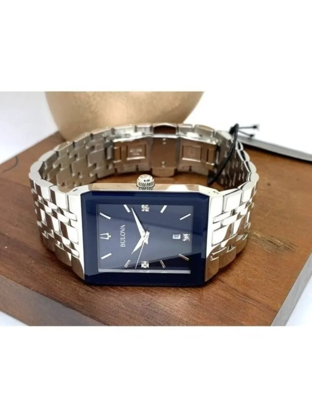 Bulova Men's Watch 96D139 Blue Dial Diamond Accent Rectangle Date Silver Steel